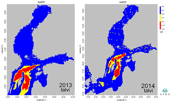 Kuva 2. Syvän veden happipitoisuus talvella 2013 ja 2014. 